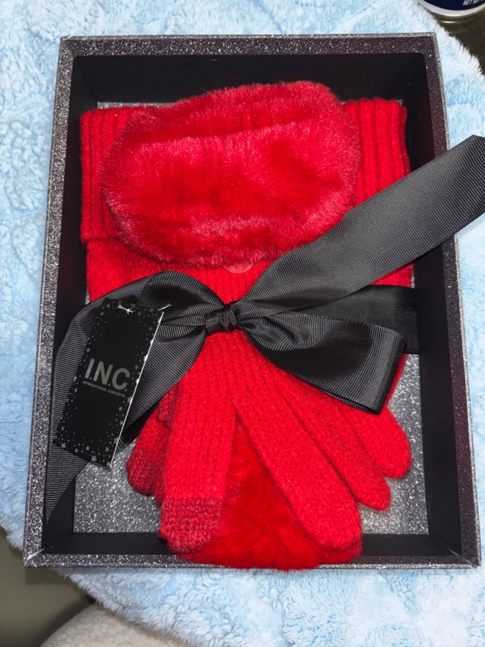 INC International Concepts Bright Red Faux Fur Trim Knit Hat & Gloves Set